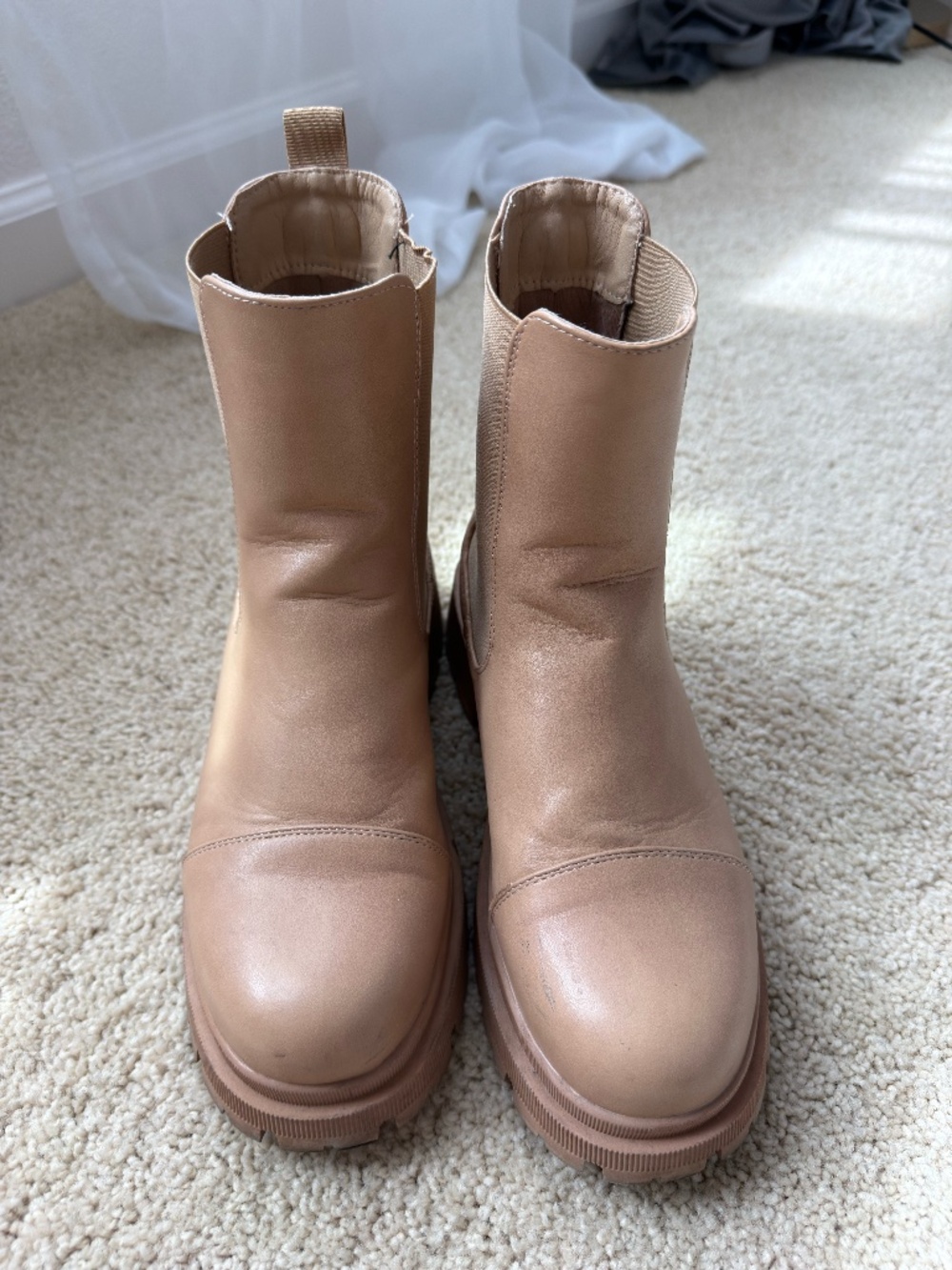 Beige Leather Ankle Boots Chunky Lug Sole Pull On
